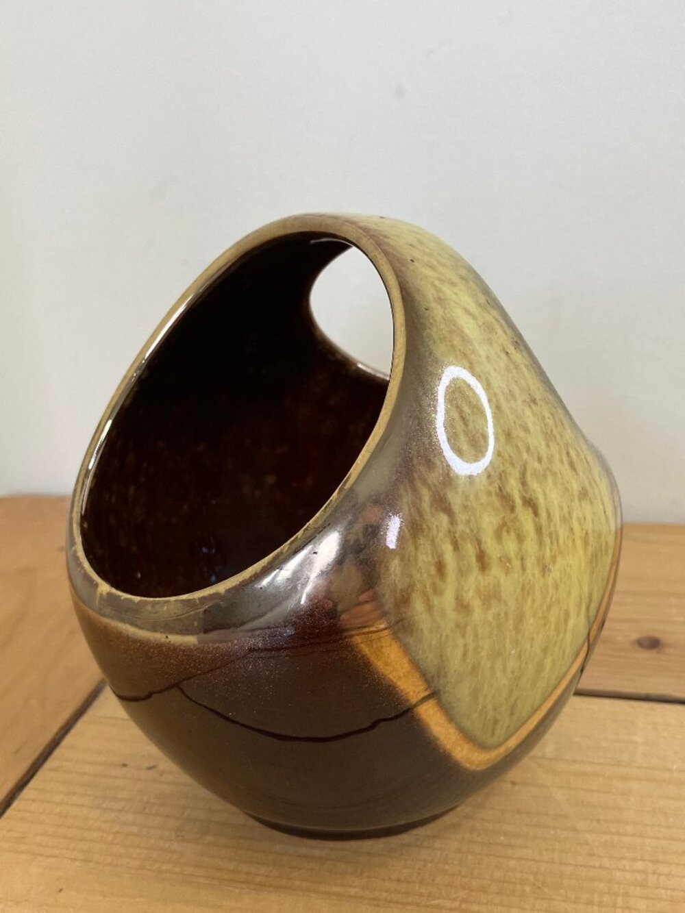 West Germany Ceramic Vase Top Handle Basket Gold & Brown Vintage MCM #226